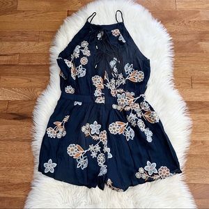 J.O.A. Navy Blue Boho Embroidered Lace-Up Romper